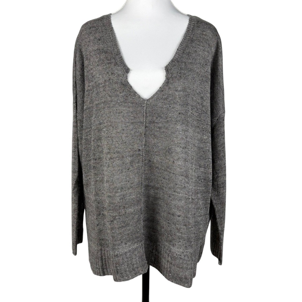 Eileen Fisher 100% Linen Tunic Sweater Womens M Gray Knit V Neck Minimalist
